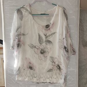 Elena Baldi Silk Floral White and Gray Women's Top with Lace Trim Sz M